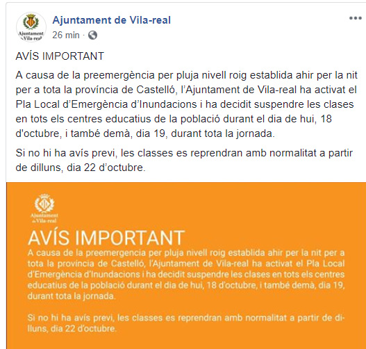 SUSPESES LES CLASSES PER ALERTA DE PLUJA INTENSA